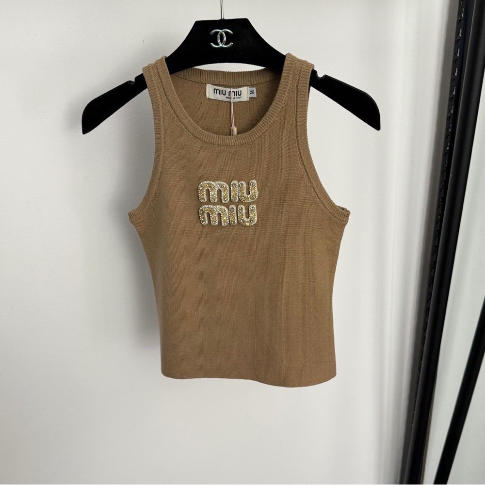 Miu Miu Camel Ribbed Logo Tank with Embellished Script